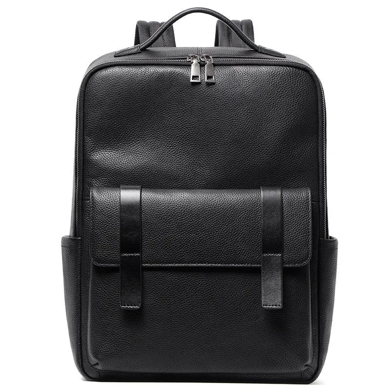 Black genuine leather men's computer backpack with a large main compartment.