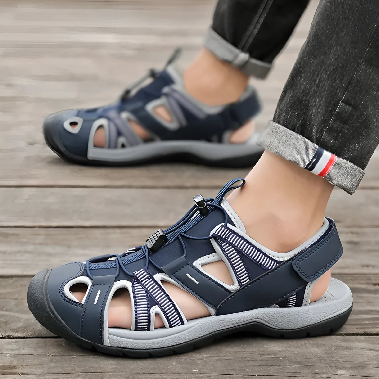 Men's LX01 Blue summer casual sports shoes with mesh upper and Velcro strap.