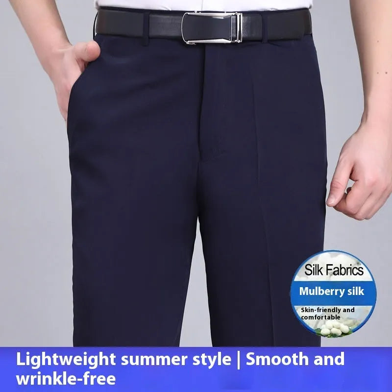 Men's straight leg formal trousers in a dark blue colour, showcasing the high waist and non-iron fabric blend.