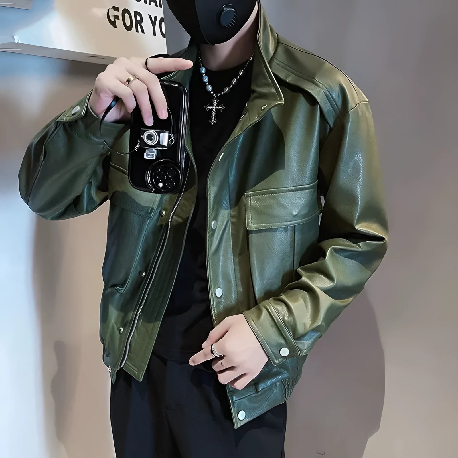 Men's black PU leather Korean-style pilot jacket with straight hem and side pockets.