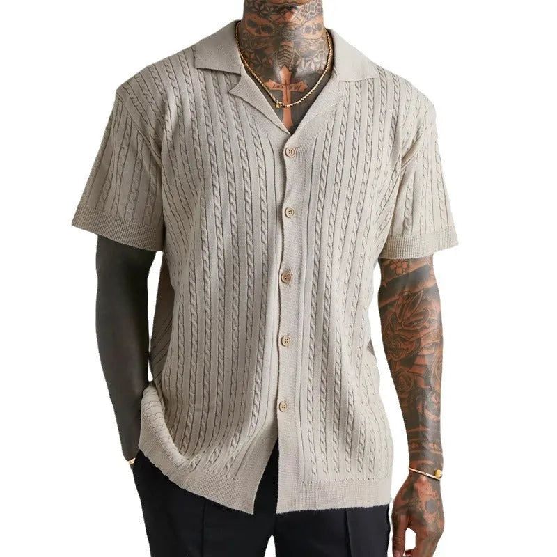Men's knitted button short-sleeved shirt in Silver Gray solid colour, slim fit, cotton blend fabric