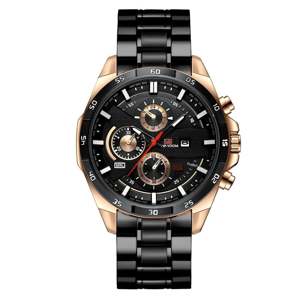 Men's waterproof quartz watch with calendar display and decorative metal casing