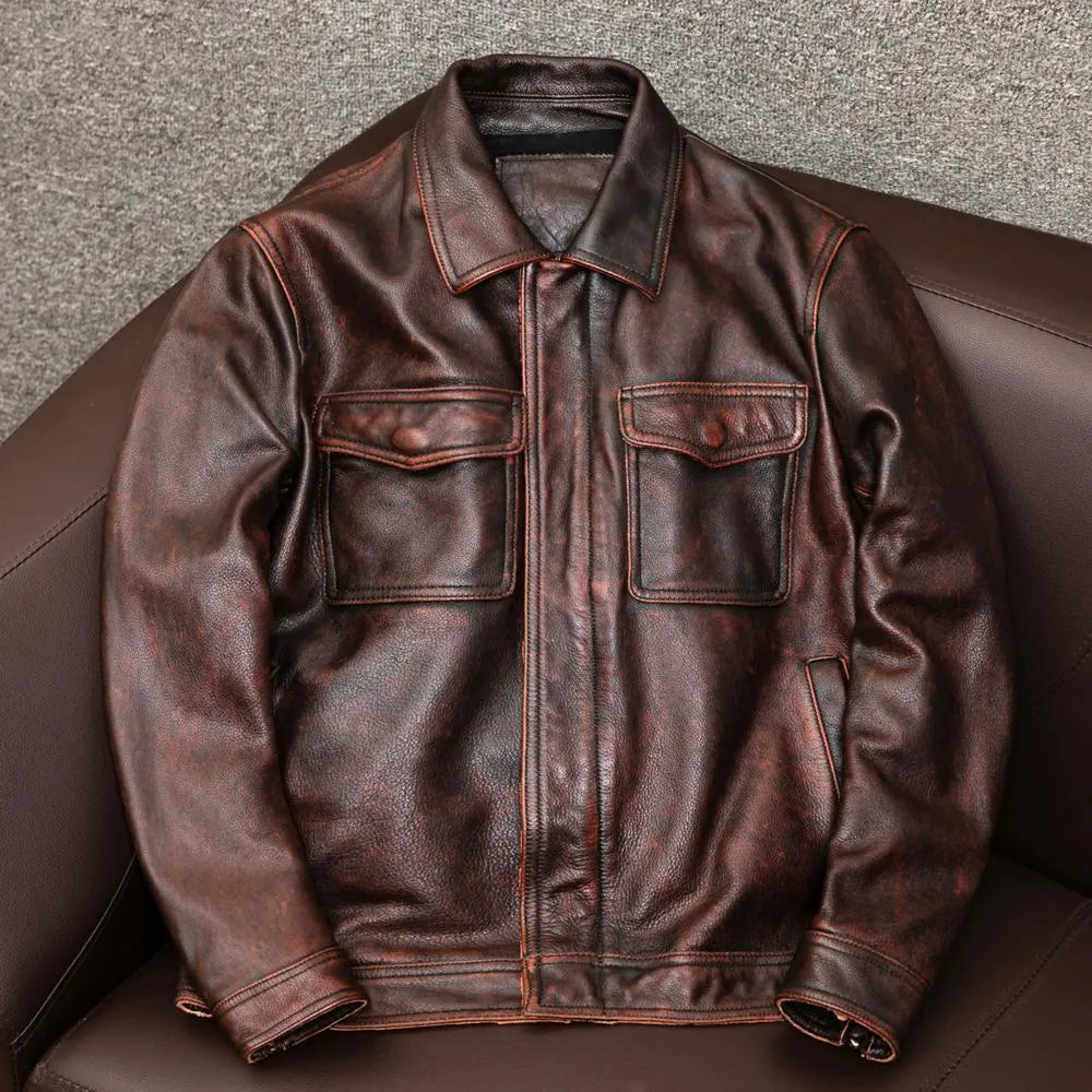 Men's plus size retro Kaji style PU leather jacket with lapel and side seam pockets