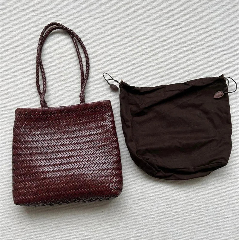 Brown woven cowhide leather shoulder bag with three-dimensional outer pocket