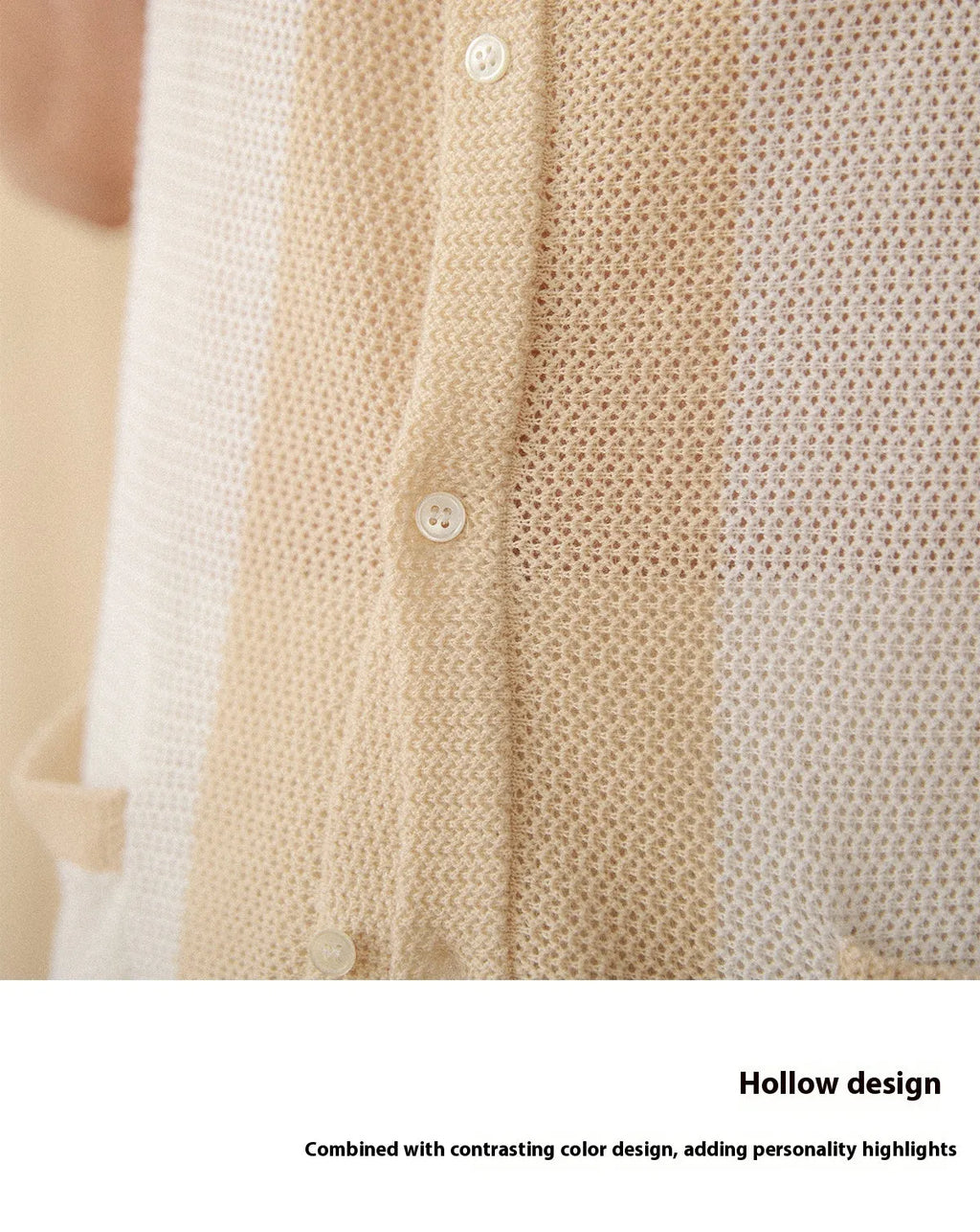 Beige short sleeve knitted cardigan with lapel collar, made from linen and cotton blend fabric.