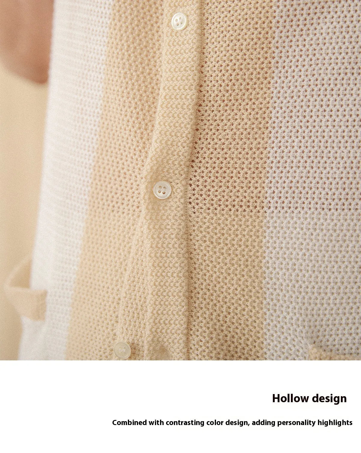 Beige short sleeve knitted cardigan with lapel collar, made from linen and cotton blend fabric.
