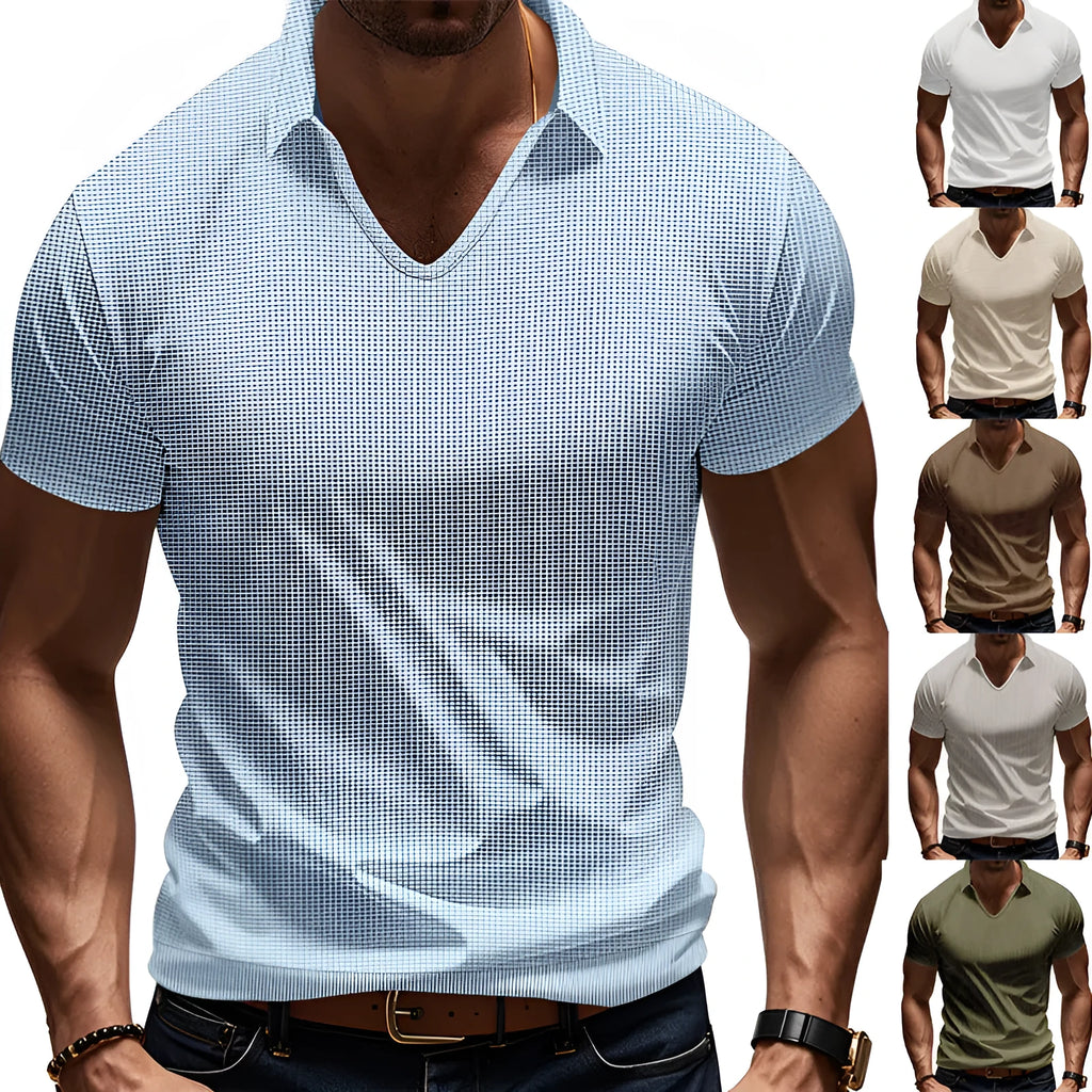 Men's loose fit V-neck short sleeve t-shirt in light blue cotton blend fabric