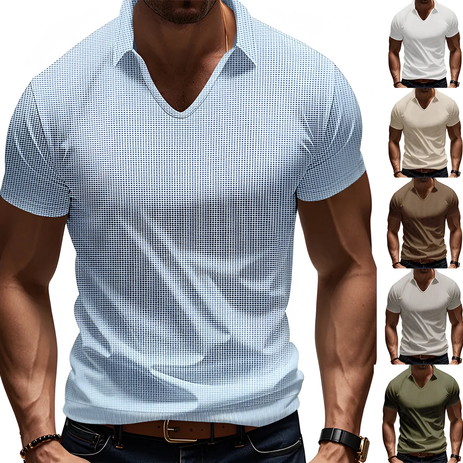Men's loose fit V-neck short sleeve t-shirt in light blue cotton blend fabric