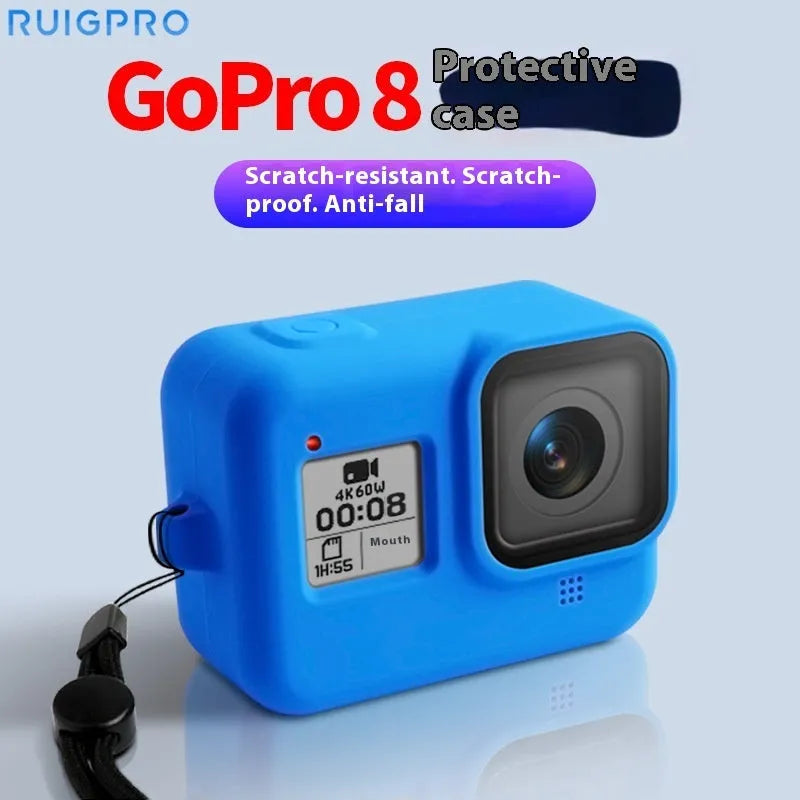 GoPro Hero8 Black protective silicone sleeve with neck lanyard and wrist strap accessories in blue colour