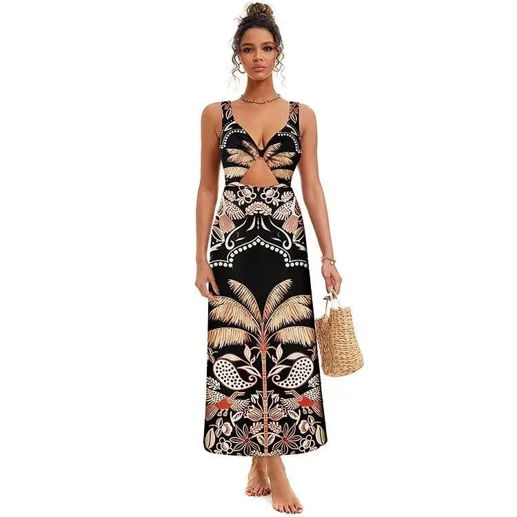 Women's black and yellow one-piece swimsuit with bird print, slit, and one-shoulder style options.