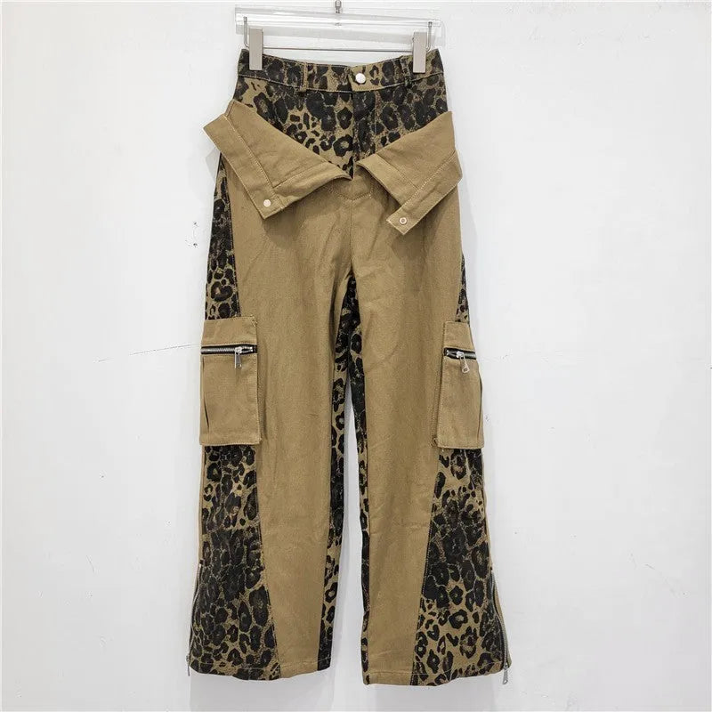 Women's dark khaki leopard print high-waist jeans with tooling style stitching and straight leg