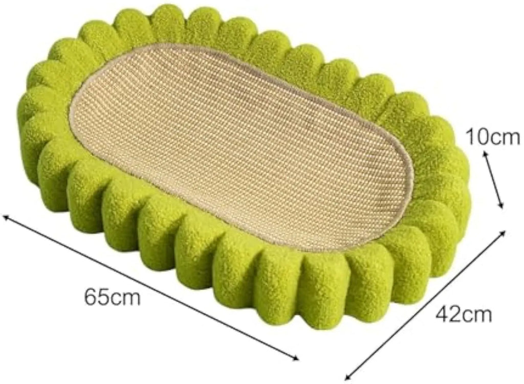 Green oval cat scratcher bed made from sisal, showing its bowl shape and textured scratching surface.