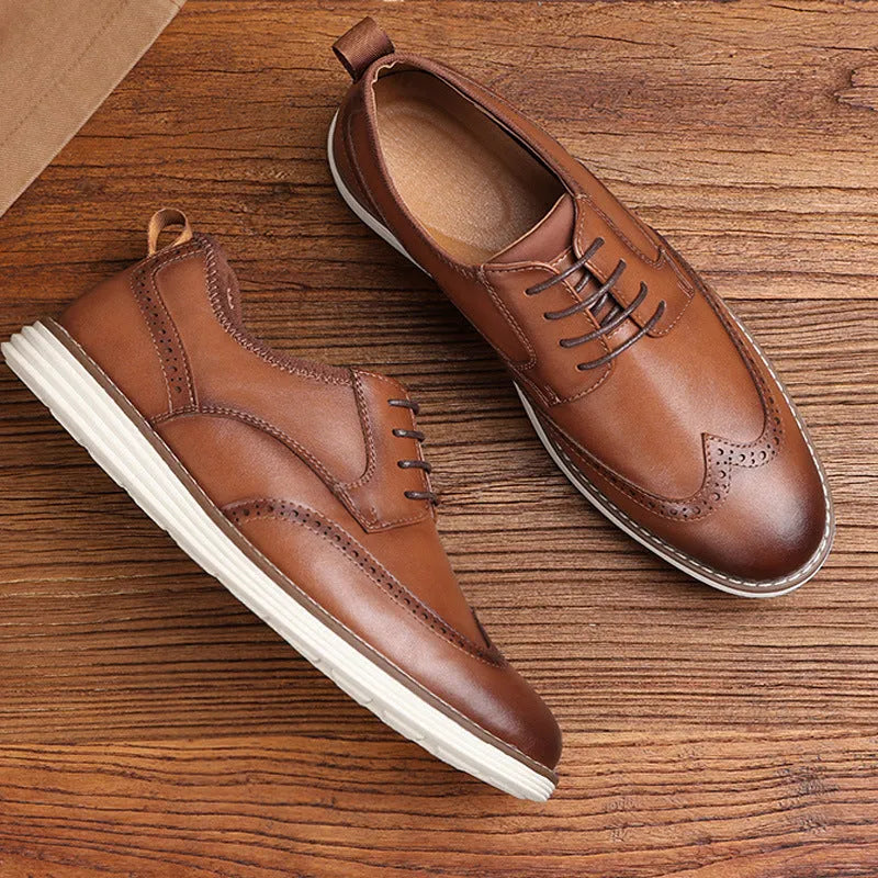 Men's black and brown slip-on business casual shoes with round toe and low-top profile