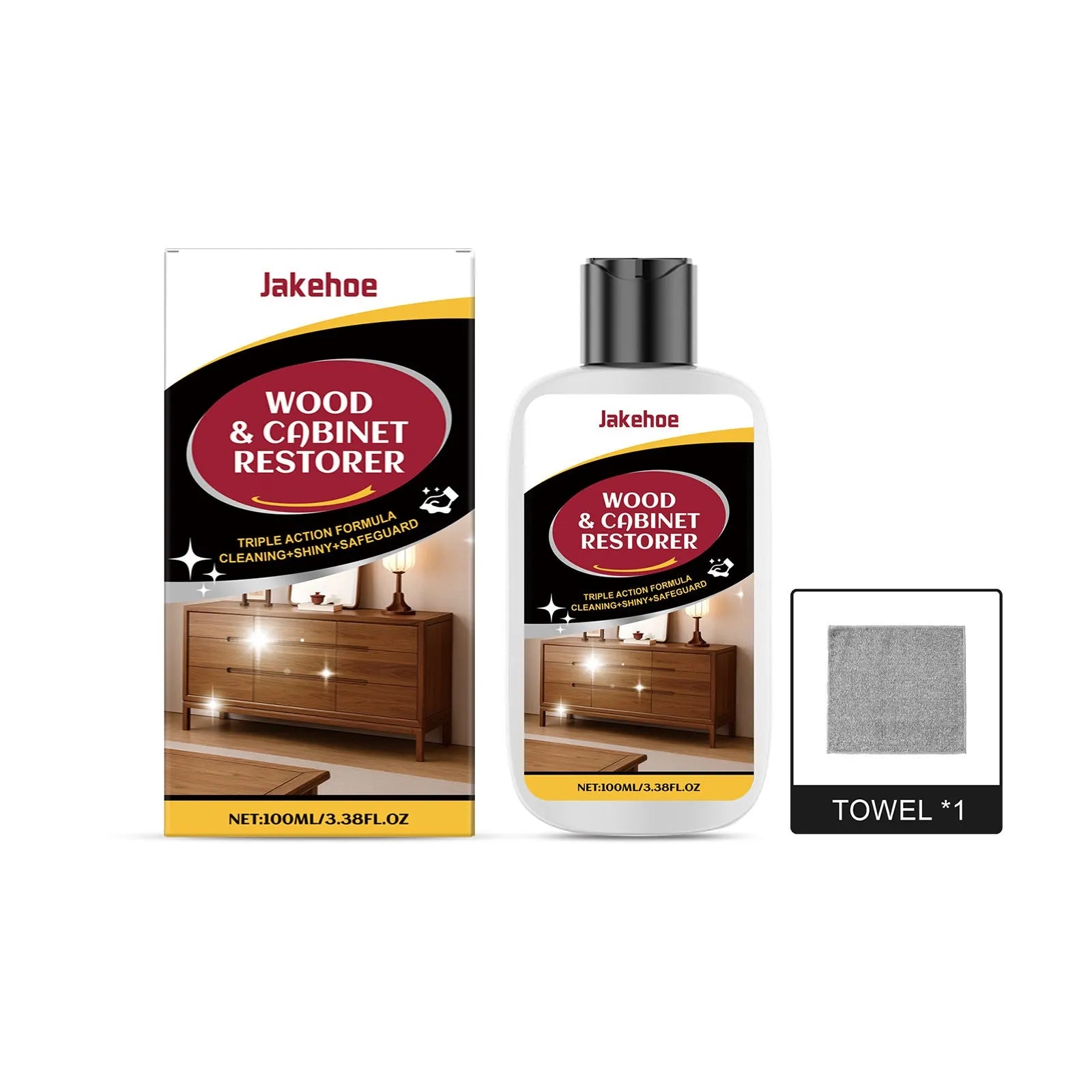 Wooden furniture scratch care agent bottle with microfibre towel for cleaning and polishing wooden surfaces