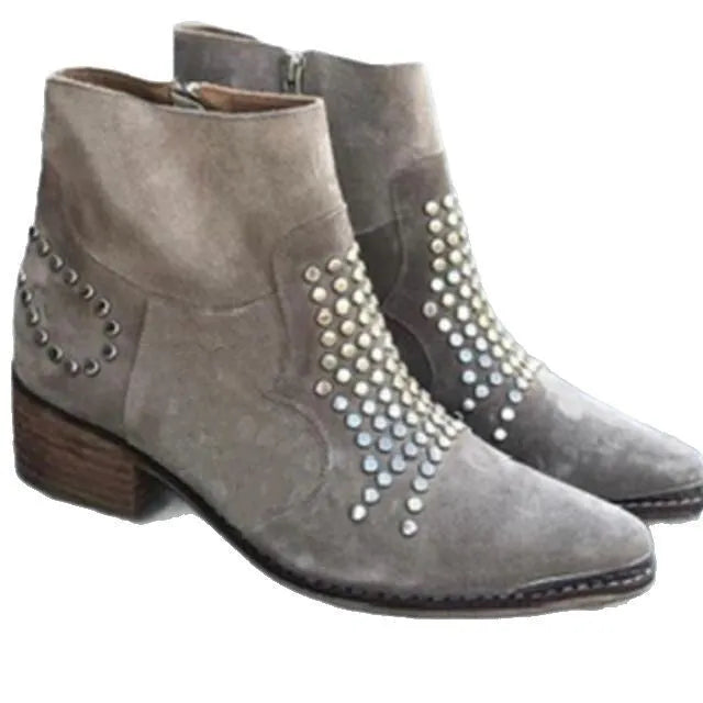 Light grey women's sequined ankle boots with chunky heel, pointed toe, side zipper, and rhinestone accents