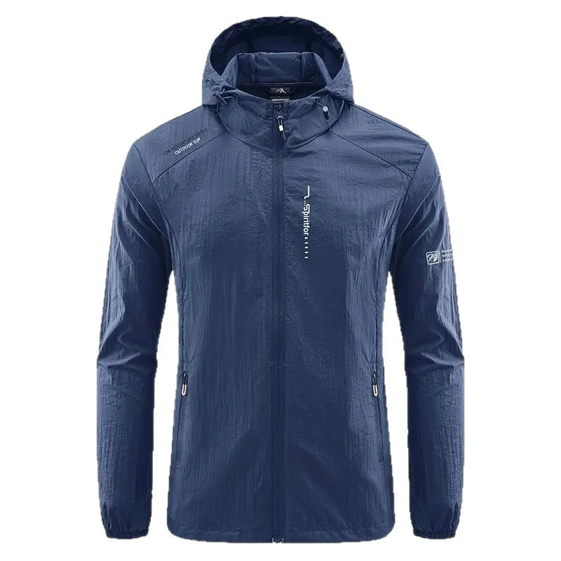 Men's thin summer hooded jacket in nylon fabric showing loose fit and available colour options