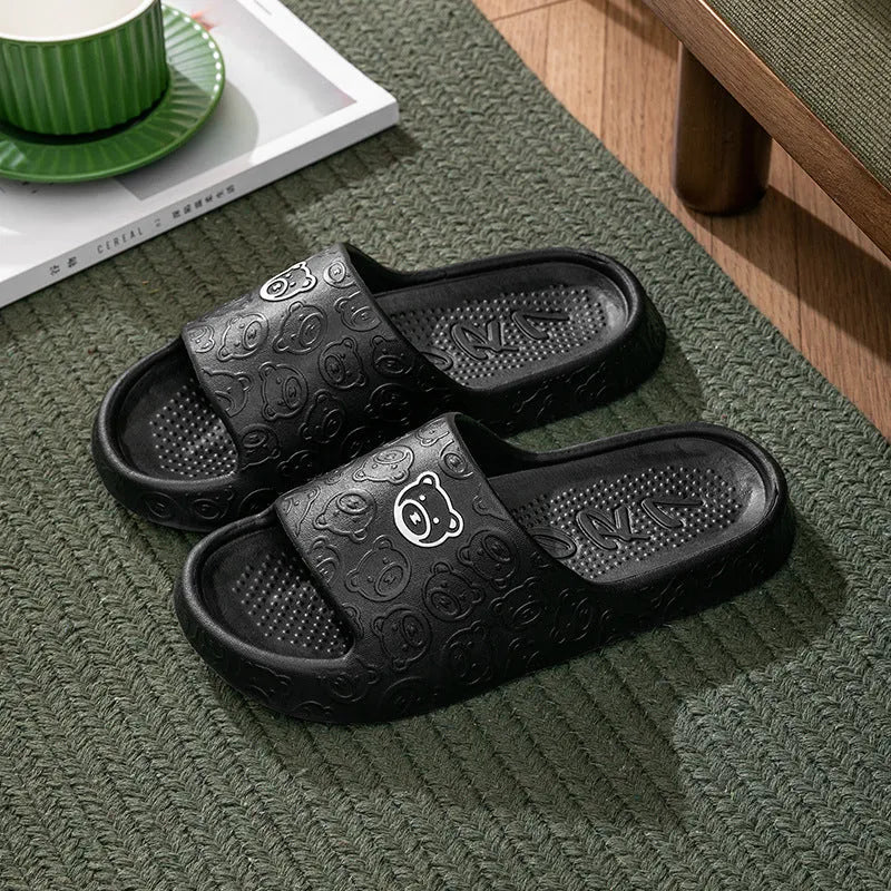 Cute bear slippers with non-slip thick soles in light purple, EVA upper, indoor bedroom bathroom footwear