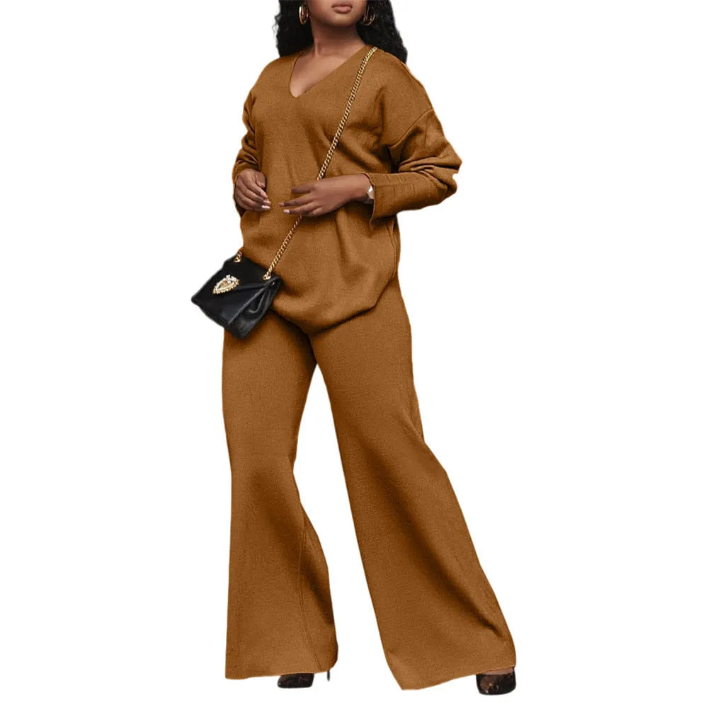 Women's brown thickened suede two-piece suit with split sleeve jacket and trousers in Japanese-Korean style.