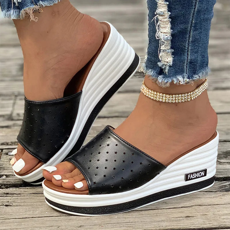Women's fish mouth wedges sandals with hollow design high heel, PU upper, rubber sole, in black/white