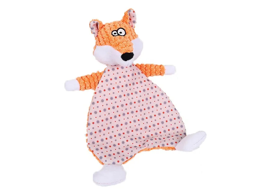 Brown velvet pet toy with fox and elephant designs containing sound paper for dogs and cats