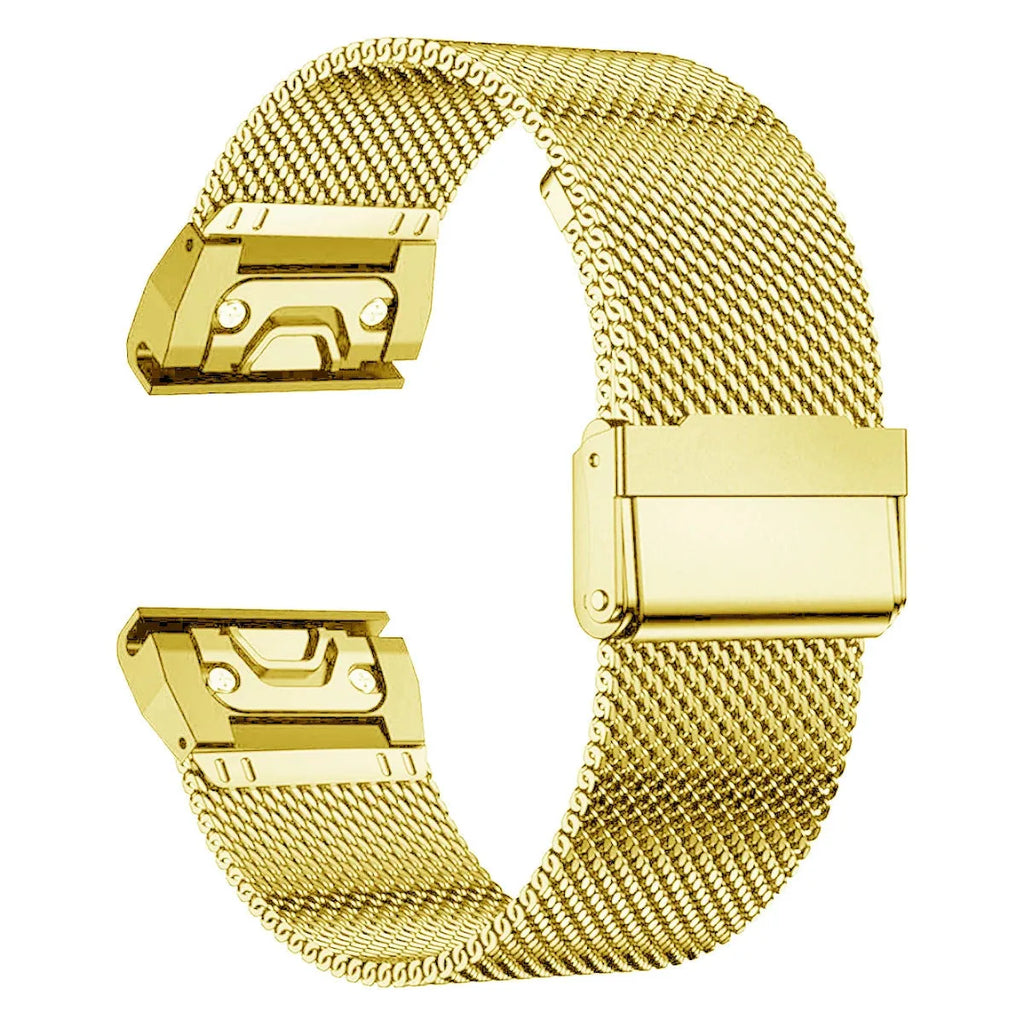 Stainless steel card-style watch strap for Garmin Fenix smartwatches in silver, black, gold, rose gold.