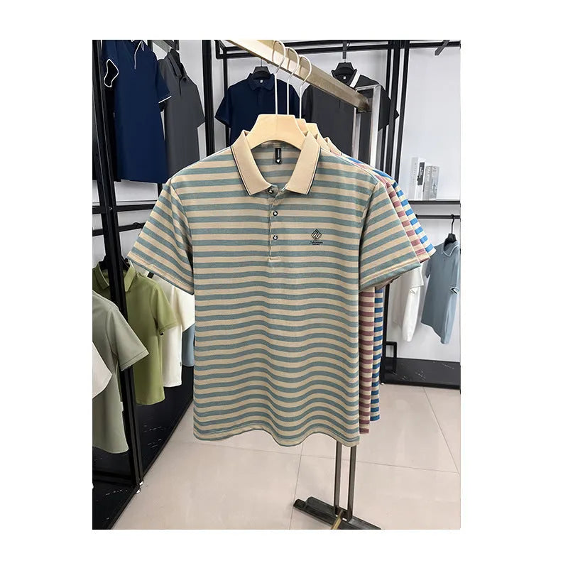 Men's striped short sleeve shirt with mosaic pattern in red, blue, or green colours