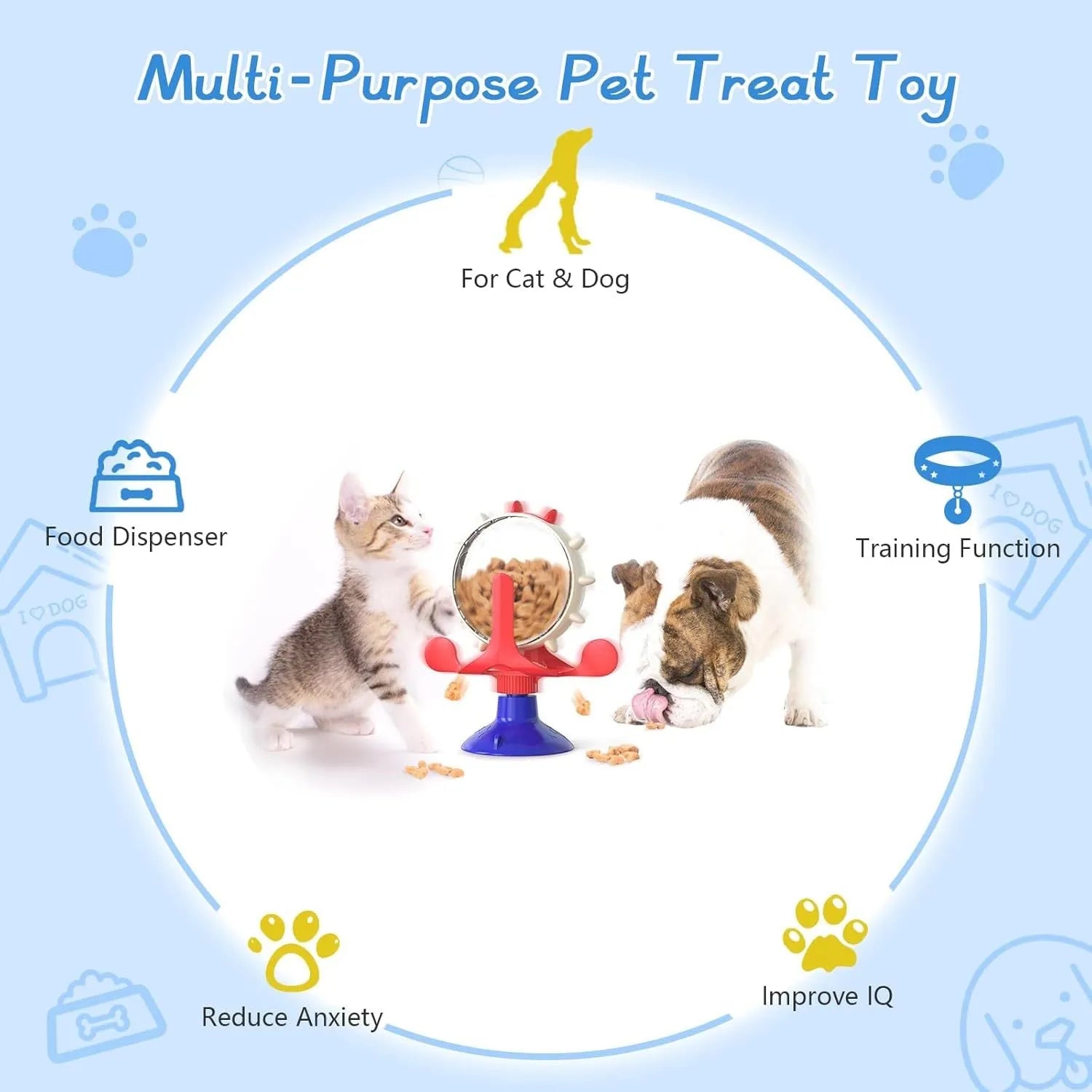 Interactive cat dog puzzle feeder toy with rotating spinner in blue green red yellow colours