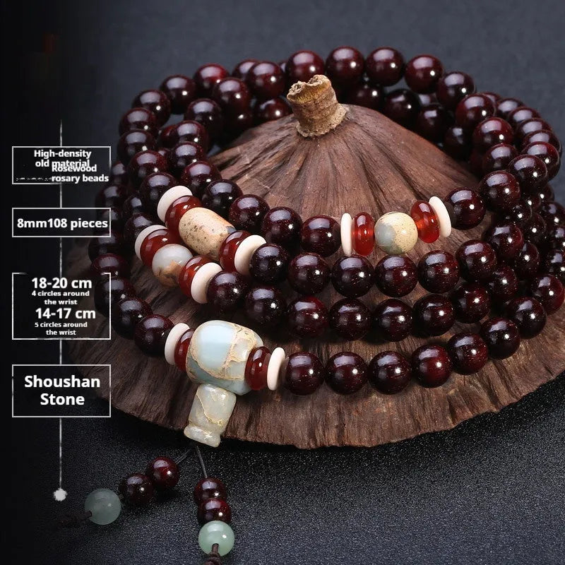 Men's rosewood bracelet with 108 beads, showing 6mm and 8mm size options alongside styles like lapis lazuli and turquoise.