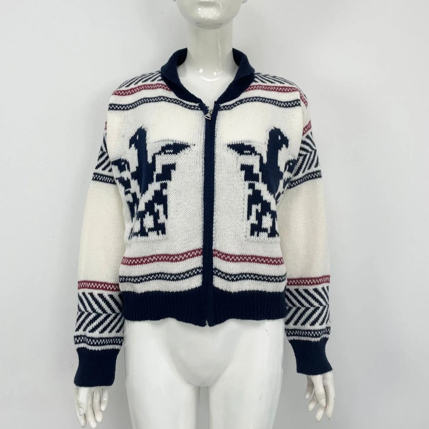 White women's zip-front cardigan with jacquard lapel and contrasting stripe pattern