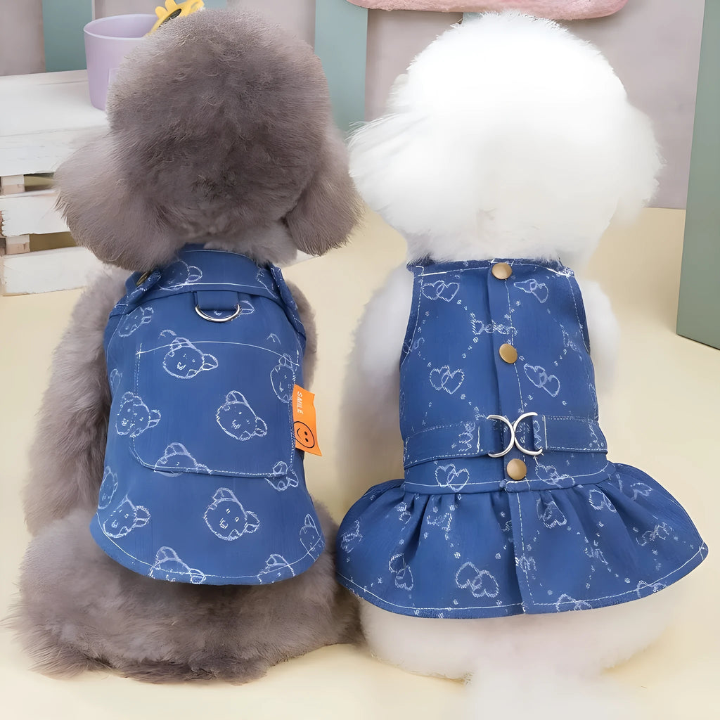 Teddy Bichon wearing thin denim princess dress with bracket-skirt design in blue denim