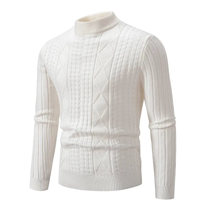 Men's slim fit jacquard knit pullover sweater in beige, front view, long sleeves, crew neck