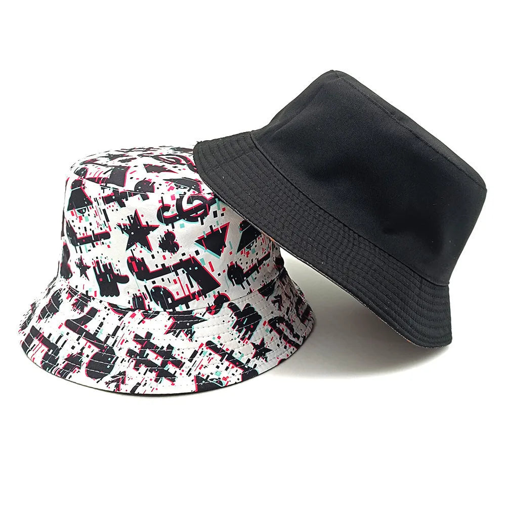 Bucket hat with musical note pattern in retro style, dome crown construction, polyester fabric