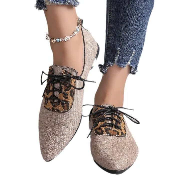 Beige leopard print women's plus size pumps with pointed toe design showing sizes 36-43