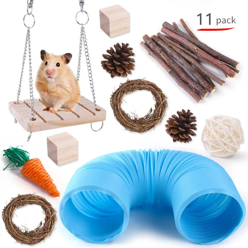 Wooden pet toy set with molar stick, straw mattress and woven balls for rabbits, guinea pigs and parrots