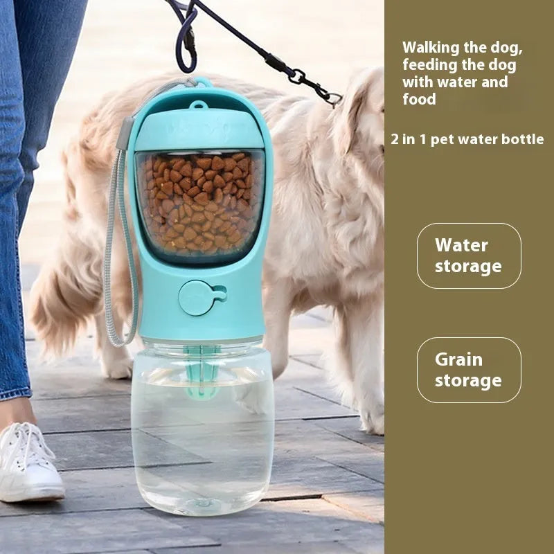 Blue portable dog water bottle with a collapsible bowl extended, showing the two-in-one design.