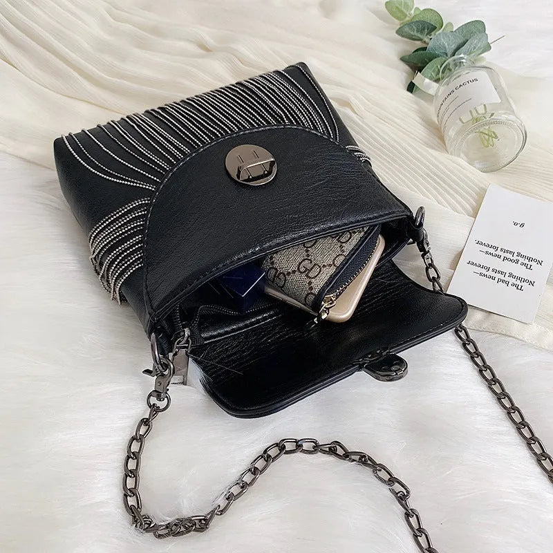 Women's rivet tassel chain crossbody bag PU cotton lining 18x6x13 cm Style 1 and Style 2