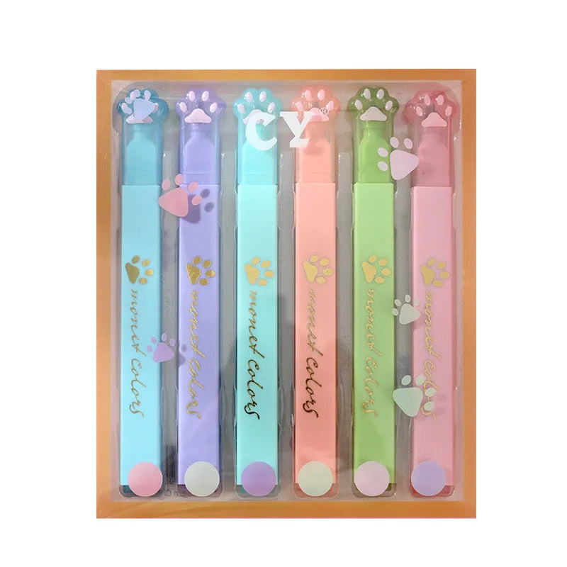 Cat's Paw brand set of six fluorescent highlighter pens with oblique nibs in a gift box