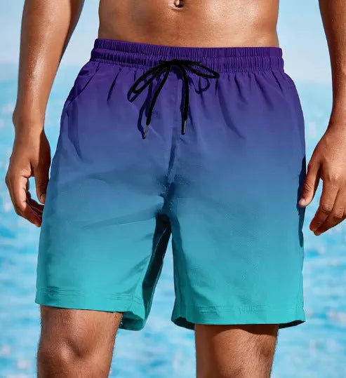 Men's gradient colour 3D digitally printed mesh sports shorts on a size chart.