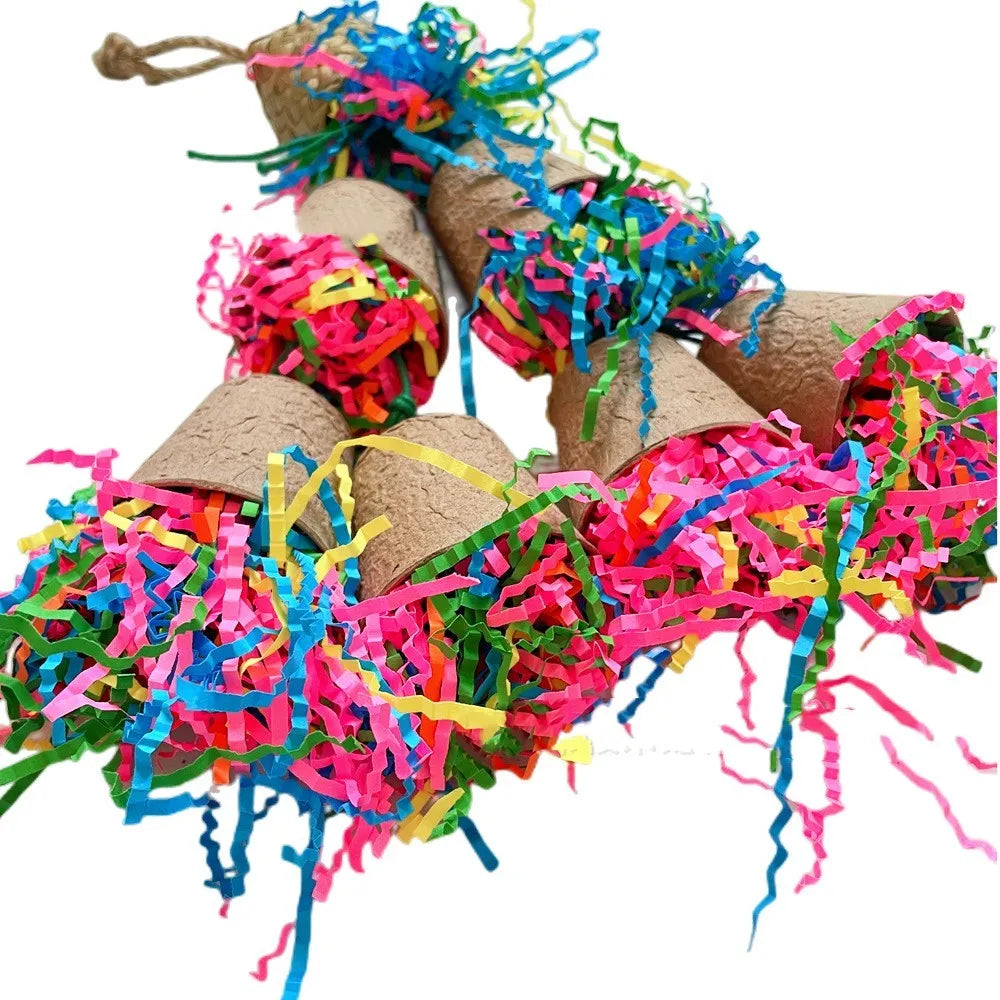 Natural wood-coloured parrot chewing toy with palm leaf and rattan weaving construction, 38cm hanging length