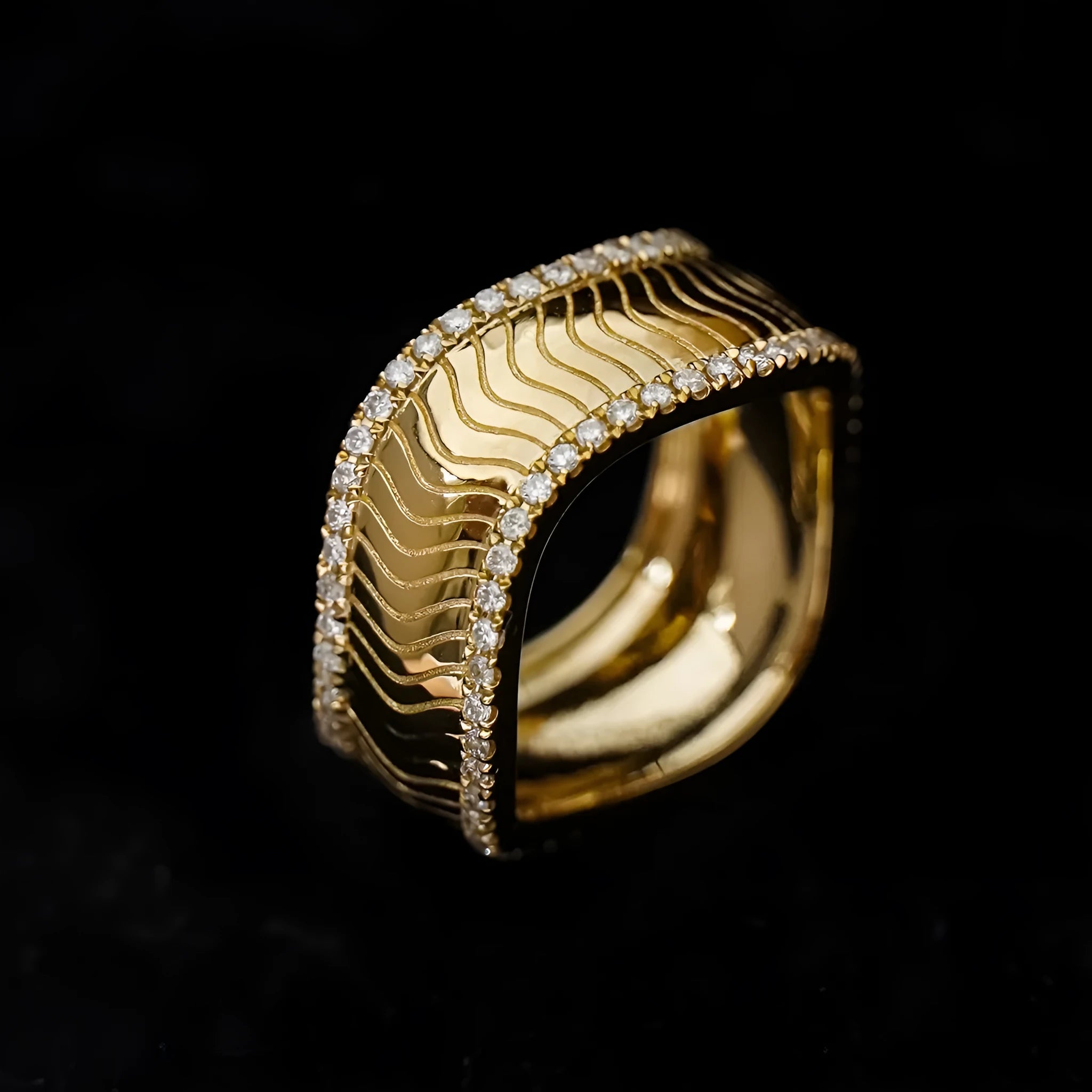 S925 sterling silver geometric yellow gold ring for women, micro inlay finish, on white background
