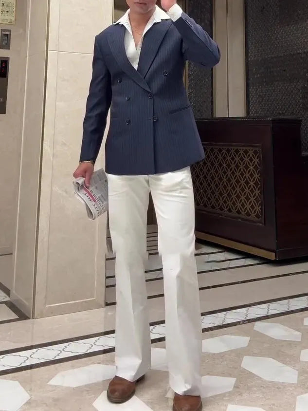 Men's classic striped double-breasted blazer in regular fit polyester for daily wear