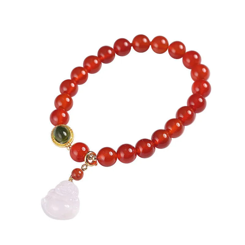 Women's handcrafted amber bracelet with red agate stones and gold Maitreya Buddha jade pendant