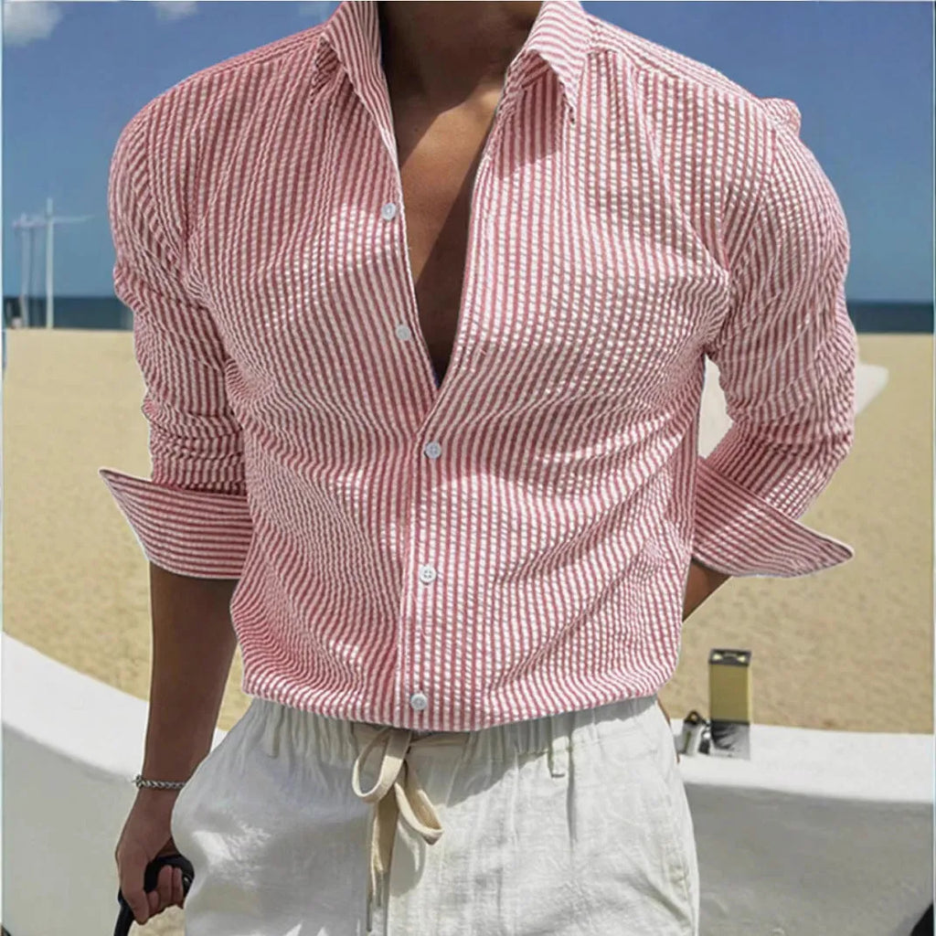 Fashion striped cardigan lapel long sleeve shirt in polyester, available in multiple colours and sizes