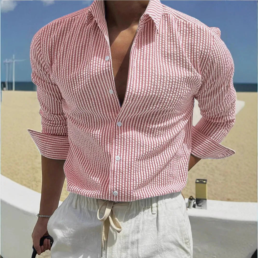 Fashion striped cardigan lapel long sleeve shirt in polyester, available in multiple colours and sizes
