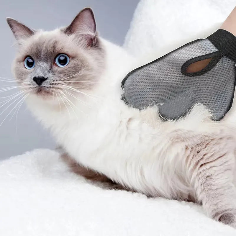 Gray pet grooming glove with silicone massage tips for removing loose cat and dog hair