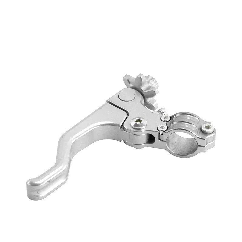 Aluminium motorcycle clutch lever in a selection of eight colours including red, black, silver, and gold.