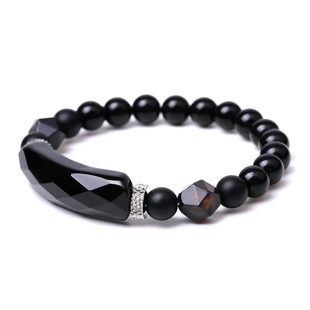 Black agate bracelet with diamond-shaped geometric cut and fan pattern detailing