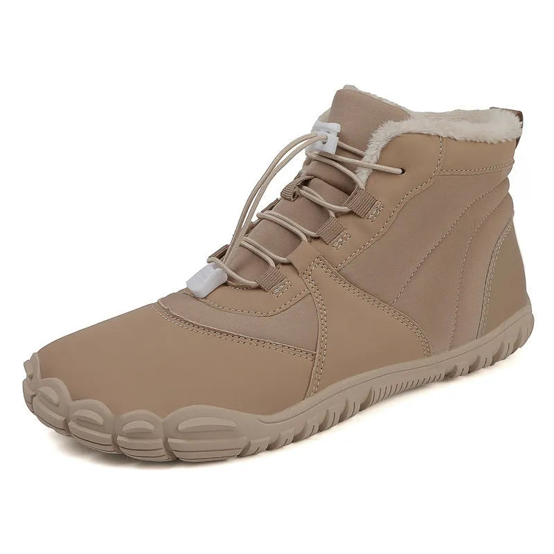 Waterproof fleece-lined snow boots with a round toe and front lace-up on a rubber sole.
