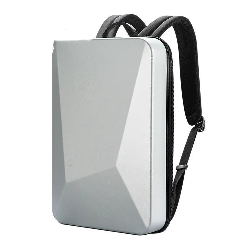 Hard shell gaming backpack with lock showing dedicated computer and phone compartments