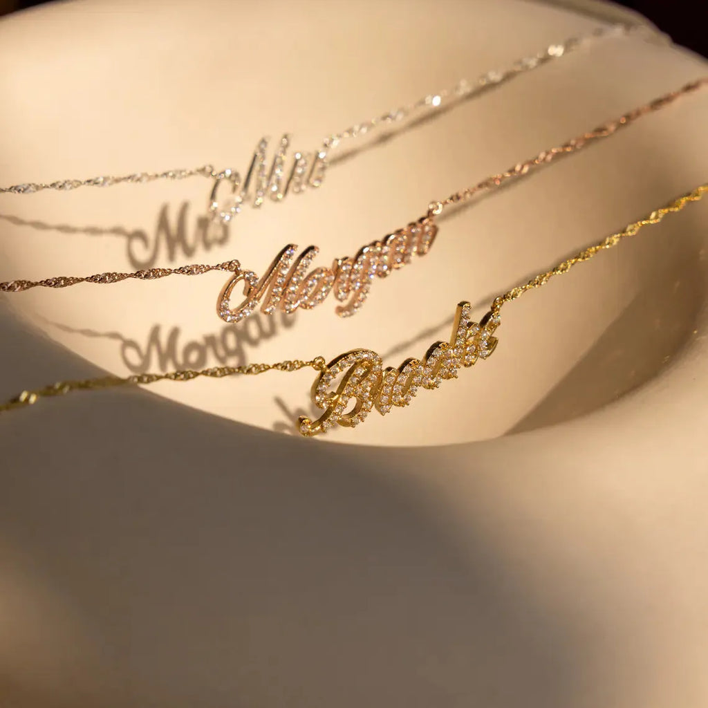 Customised copper geometric name necklace for women in gold finish